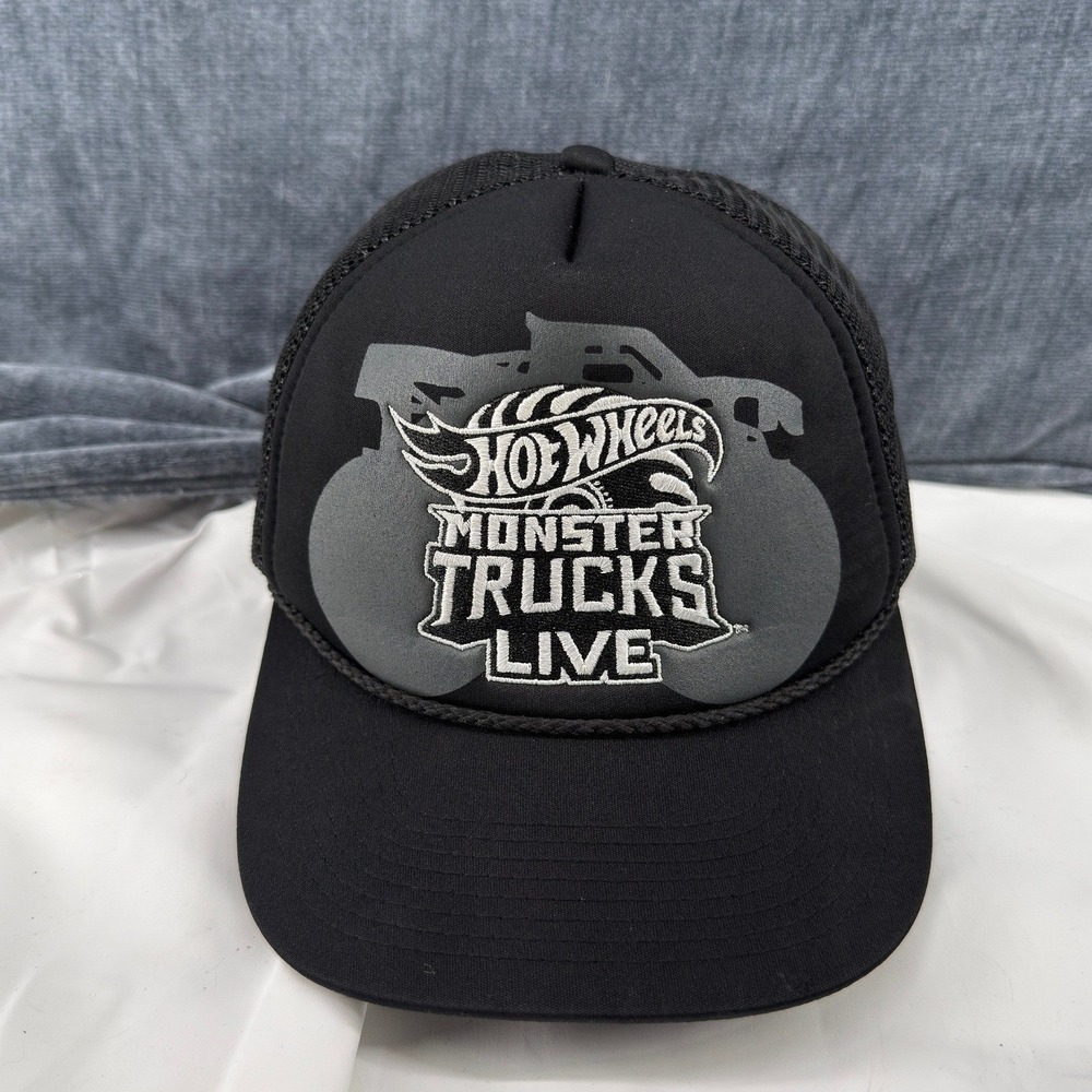Hot Wheels Monster Trucks Live Hat Mens Black Polyester Mesh Snapback Rope